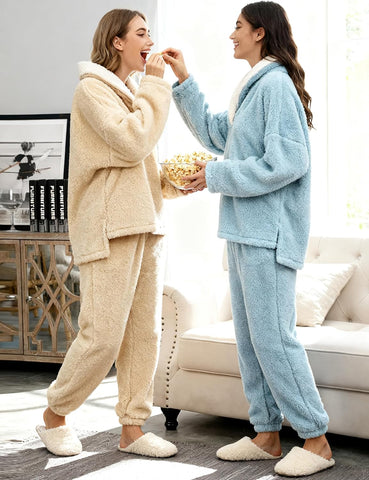Yeokou Women's Fleece Pajamas Sets Fluffy Sleepwear Warm Sherpa Pullover Pants with Pockets