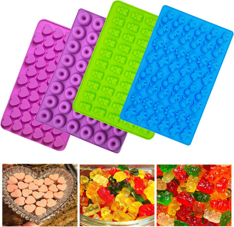 4Pcs Gummy Candy Molds - Silicone Gummy Dinosaur/Bear/Donut/Small Hearts Shapes/Snack Mold with 2pcs Dropper,Non-stick and Bpa Free for Mini Candy Chocolate Gummies Baking