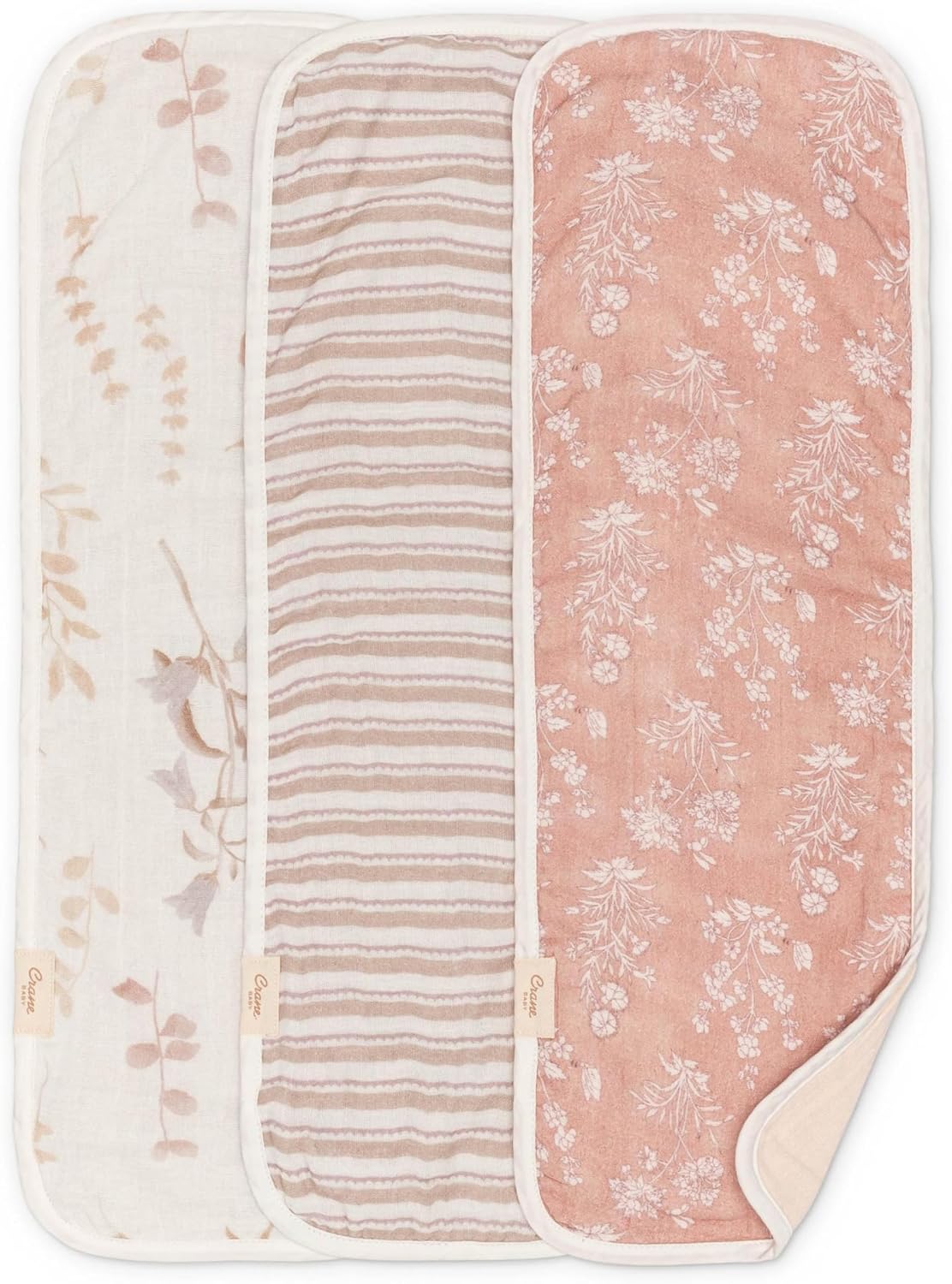 Crane Baby Violet Floral Cotton Muslin Burp Cloth Set, 3 Pack Baby Girl Burp Cloths, Absorbent 100% Cotton Muslin, Pink Burping Cloth for Baby Girl, Soft Burping Cloths for Newborn