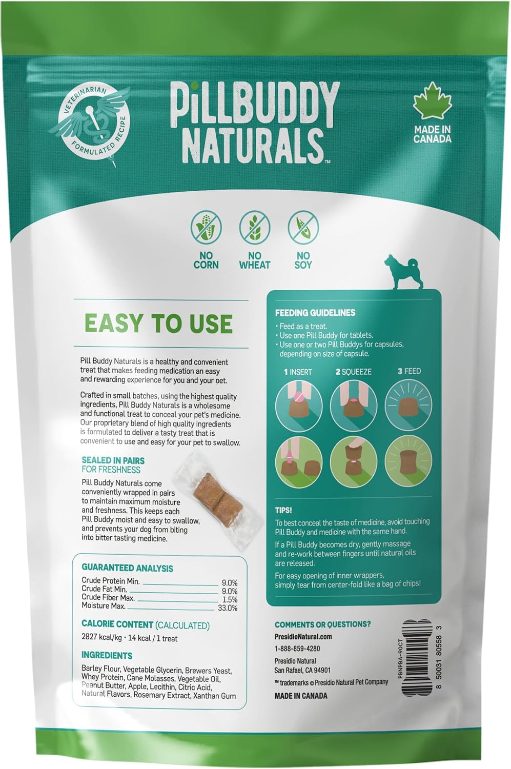 Presidio Earthly Pill Buddy Naturals - PB & Apple Recipe Pill Hiding Treats for Dogs - Make A Perfect Pill Concealing Pocket Or Pouch for Any Size Medication - 90 Servings