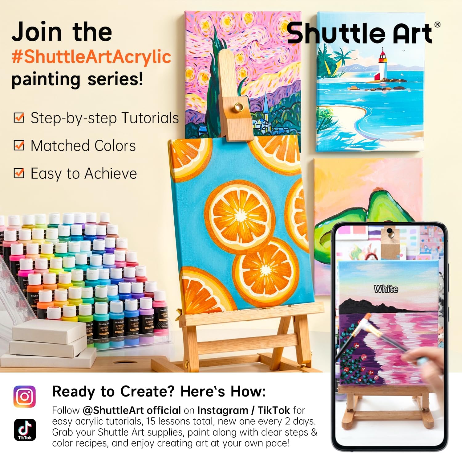 Shuttle Art Acrylic Paint, 50 Colors Acrylic Paint Set, 2oz/60ml Bottles, Rich Pigments, Water Proof, Premium for Artists, Beginners and Kids on Canvas Rocks Wood Ceramic Fabric