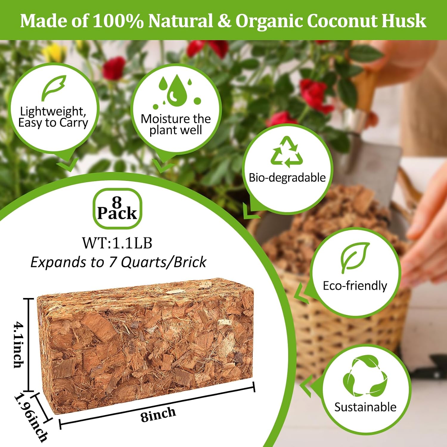 Riare 8 Pack Organic Coco Coir Chips for Plants, 8.8 lb Coconut Husk Bricks