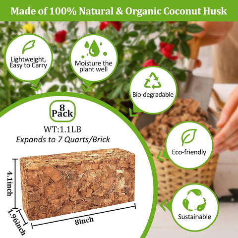Riare 8 Pack Organic Coco Coir Chips for Plants, 8.8 lb Coconut Husk Bricks