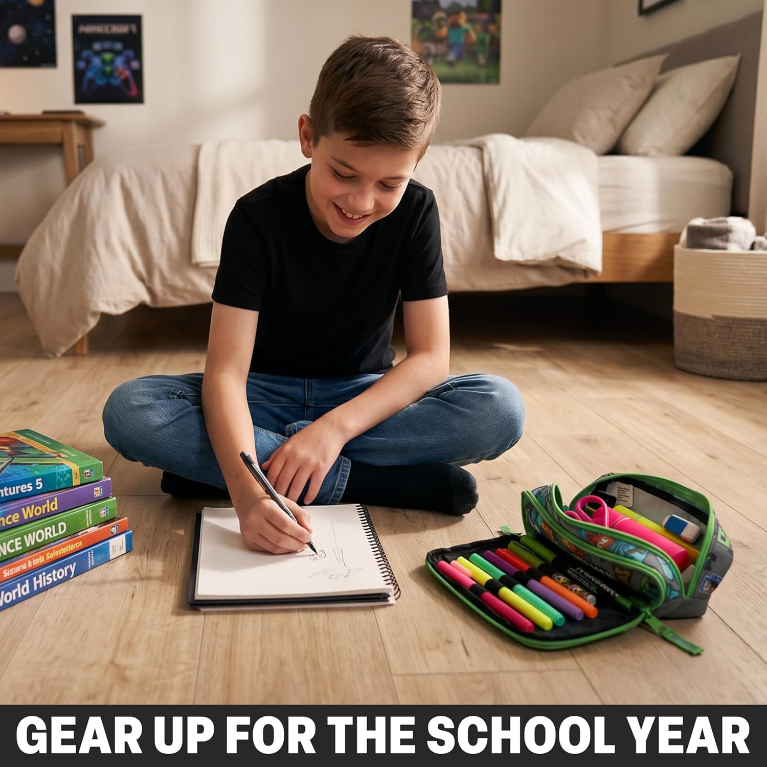 Get Trend Minecraft Pencil Case for Boys, Pencil Pouch with 2 Zipped Compartments, Back-to-School Marker & Pen Case, Organizer for School Supplies, Stationery, Gamer Gifts (Green/Multi Minecraft)