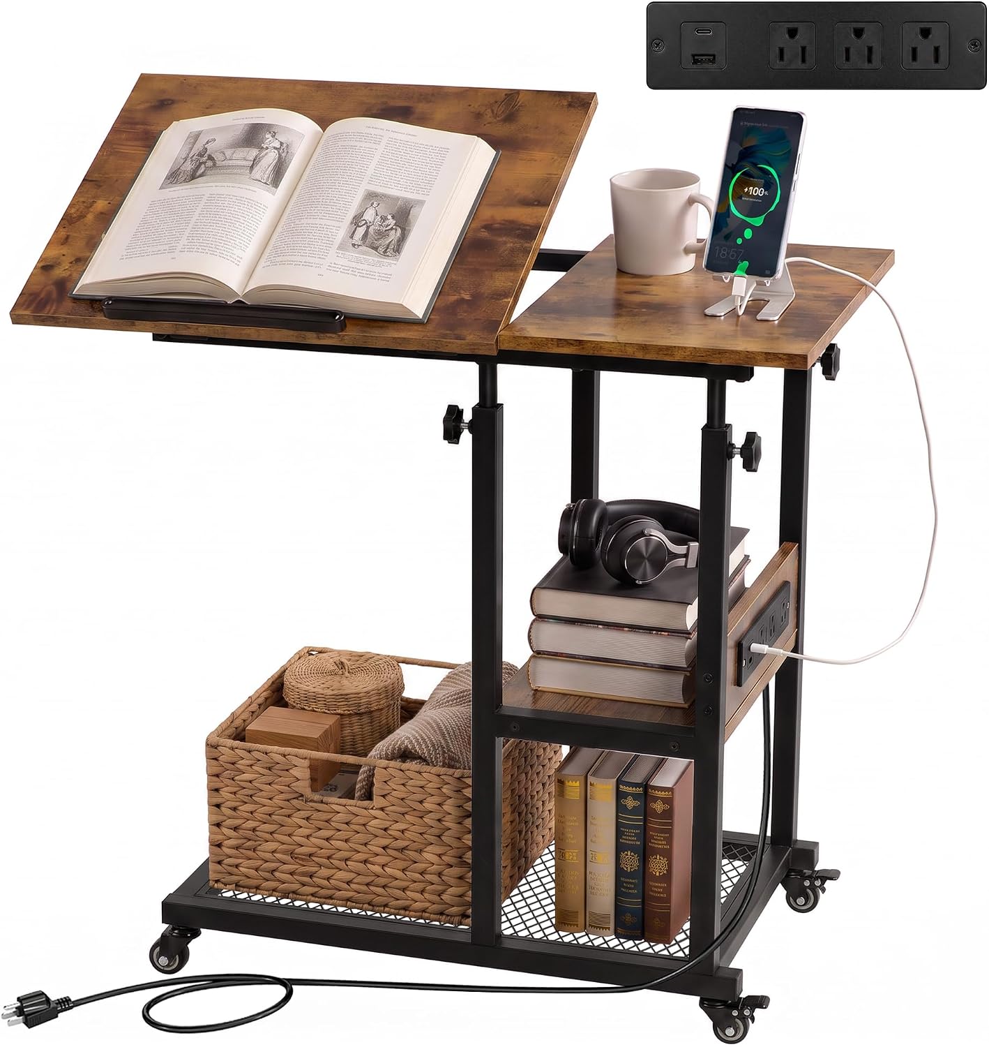 Hadulcet Adjustable C Table with Charging Station, Tiltable Desk C Shaped End Table for Couch, Over Bed Table with Wheels Adjustable Height, Hospital Table Laptop Stand Drawing Desk, Rustic Brown