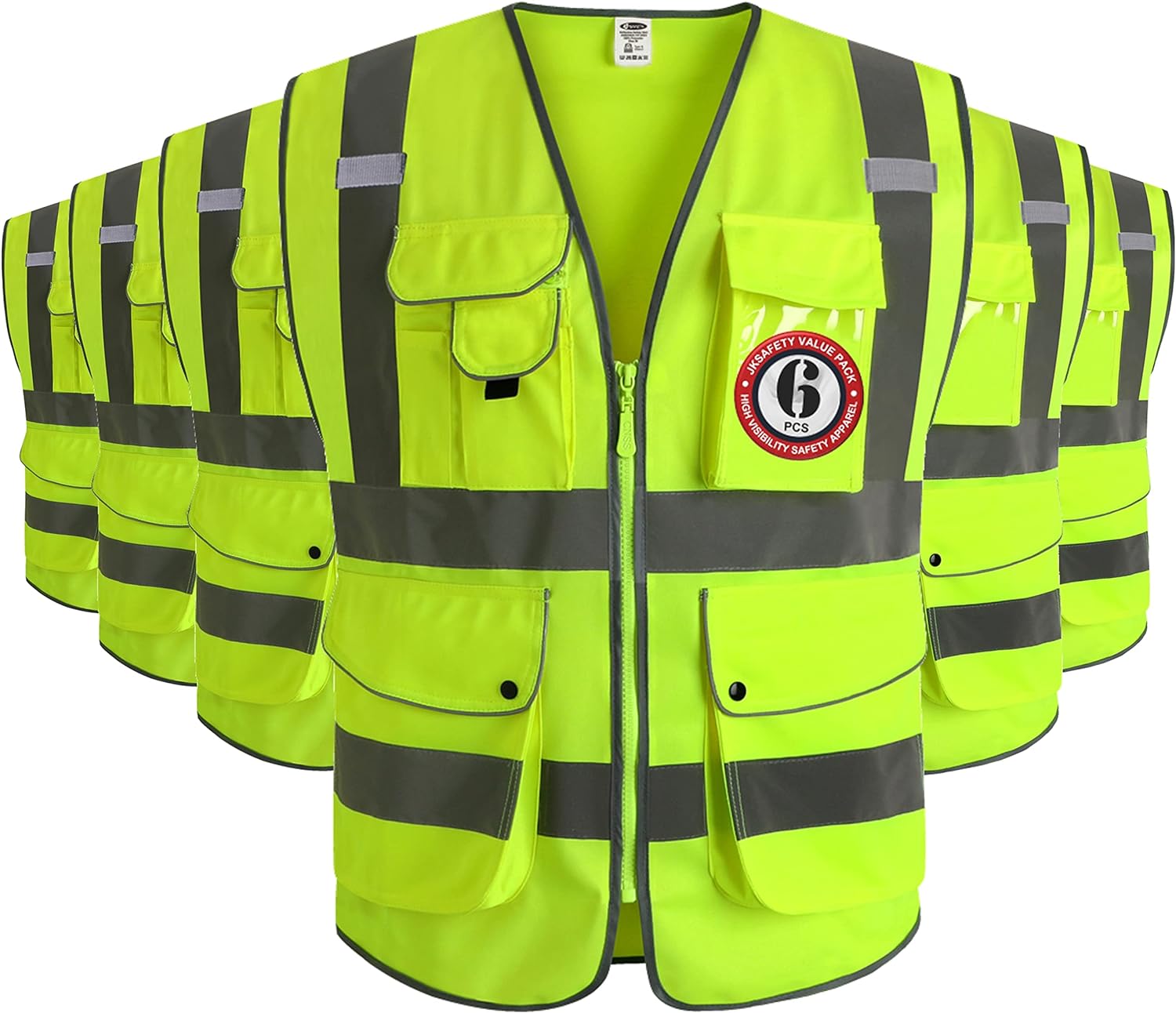 JKSafety 9 Pockets Class 2 High Visibility Zipper Front 6 Pack Safety Vest With Reflective Strips,Meets ANSI/ISEA Standard （155 Yellow M