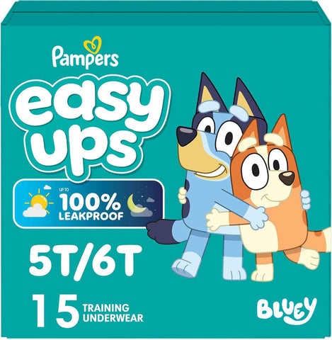 Easy Ups Girls & Boys Potty Training Pants, Size 7 (5T6T), 15 Count, Bluey Absorbent Training Underwear, Up to 100% Leakproof Day and Night, Hypoallergenic (Packaging May Vary)