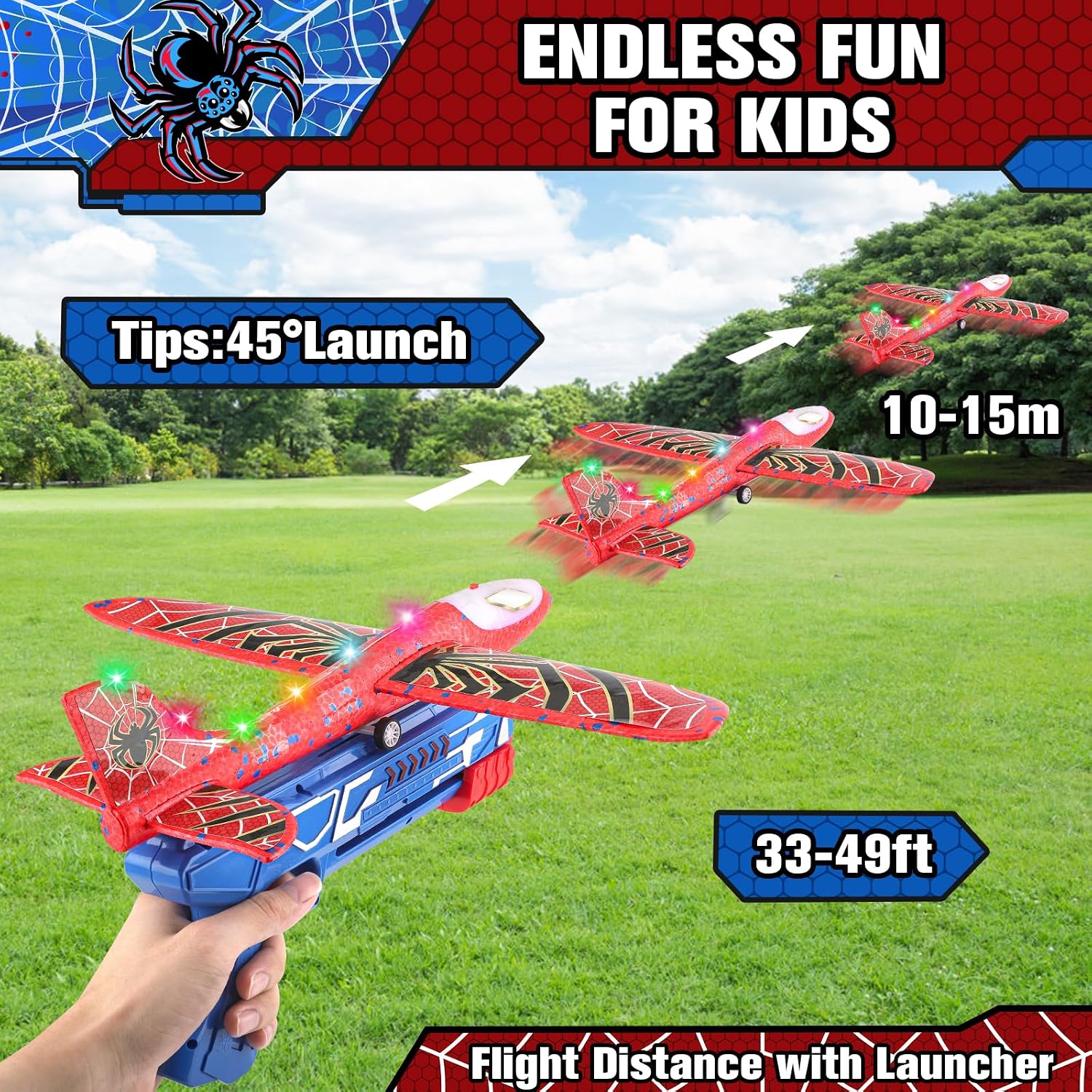 Fuwidvia 3 Pack Airplane Launcher Toys, 13.2'' Spider LED Foam Glider