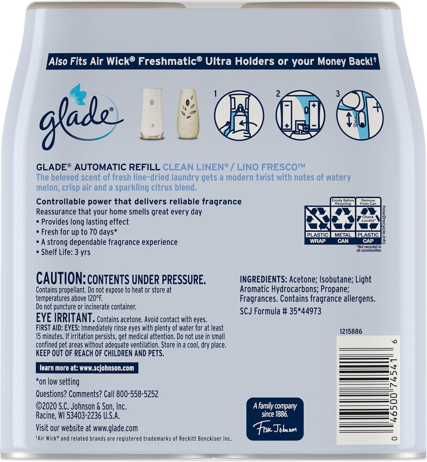 Glade Automatic Spray Air Freshener Refill, Clean Linen, 2 Count