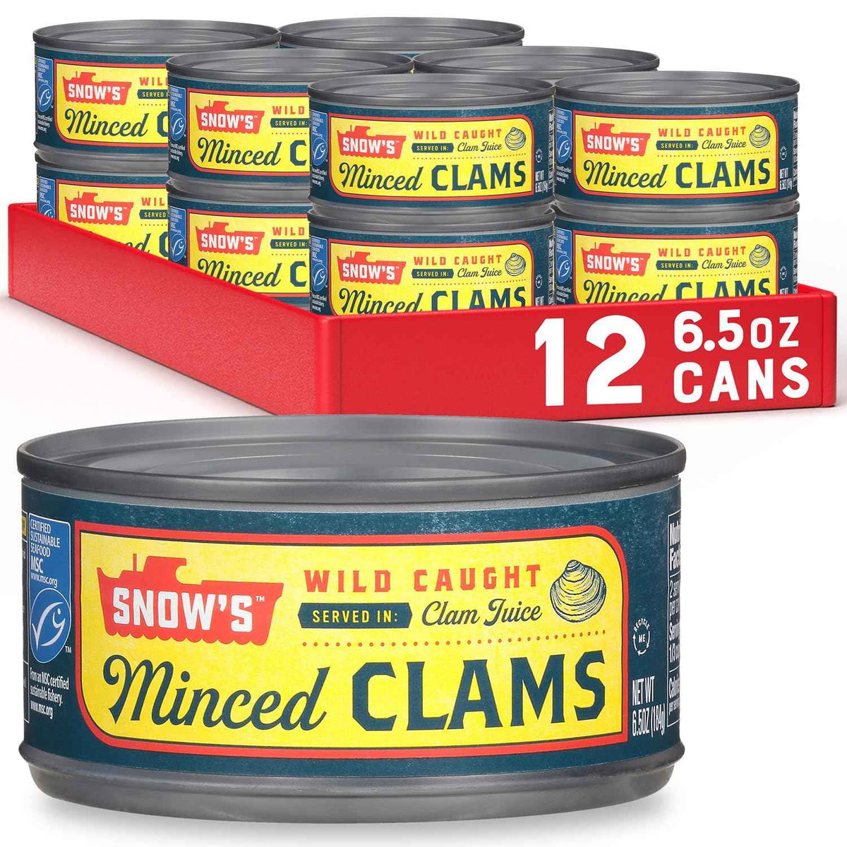 Snow's Wild Caught Minced Clams Canned, 6.5 oz Can (Pack of 12) - 5g Protein Per Serving - Gluten Free, Keto Friendly, 99% Fat Free