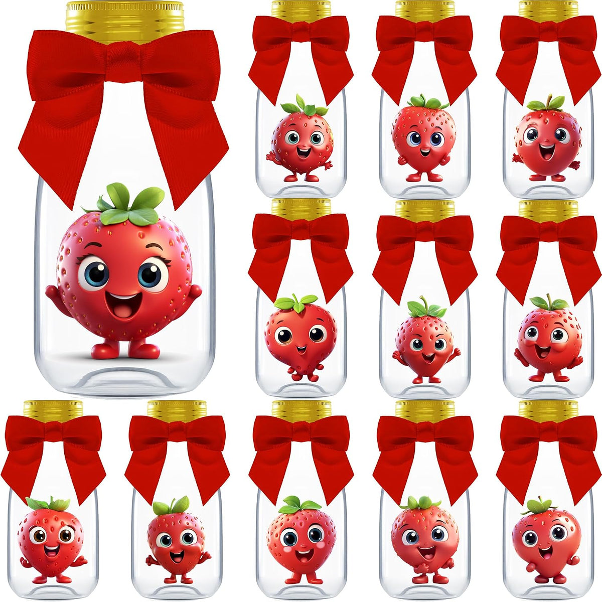 Ethisa 12 Pack Strawberry Party Favors - DIY Candy Jars with Ribbons and Sticker - Party Decoration Bottles for Berry First Birthday and Baby Shower - Table Centerpiece Gifts
