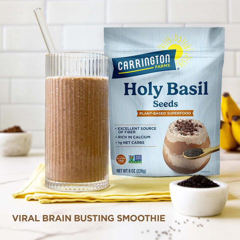 Carrington Farms Holy Basil Seeds (Tulsi/Sabja Seeds) 8 oz - High-Fiber Edible Seeds for Smoothies, Puddings, Falooda Drinks & Overnight Oats | Vegan, Keto & Paleo | Gluten-Free, Non-GMO