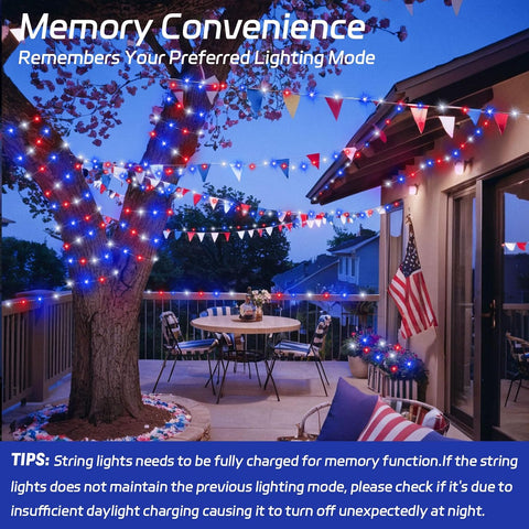 cshare Red White and Blue Solar Fairy Lights, Memorial Day Lights Waterproof Outdoor 39.4ft 120LED 8 Modes Memory Function Independence Day Memorial Day Decorations, CS-SL-5M (Pack of 2)