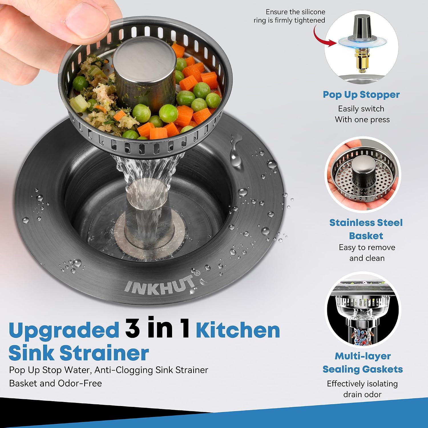 Upgraded 3 in 1 Kitchen Sink Drain Strainer (Dark Grey)