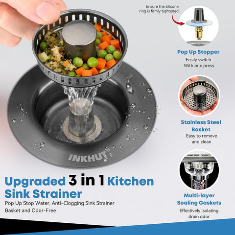 Upgraded 3 in 1 Kitchen Sink Drain Strainer (Dark Grey)