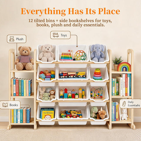 Toy Storage Organizer with Bookshelf – Wooden Toy Organizer with 12 Toy Bins & 6 Tier Bookcase,Quick Assembly Kids Bookshelf,Toy Bin for Playroom, Bedroom, Nursery– White