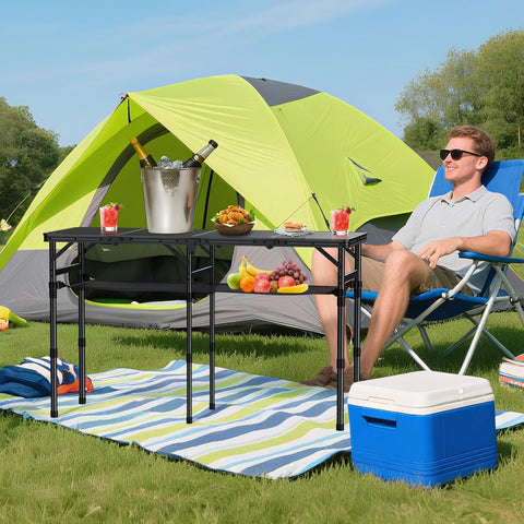 Anbte 4-Fold Camping Table, 46” X 16” Portable Folding Camping Table, Black