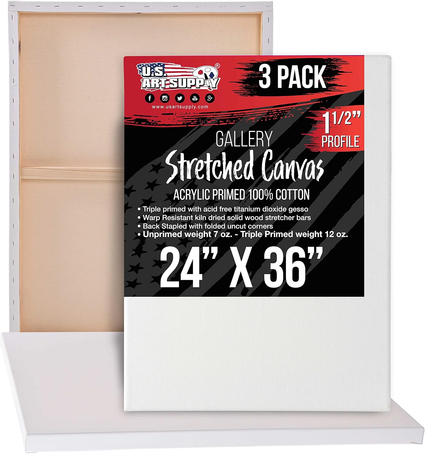 U.S. Art Supply 24"x36" Stretched Canvas for Painting, Gallery Depth 3-Pack