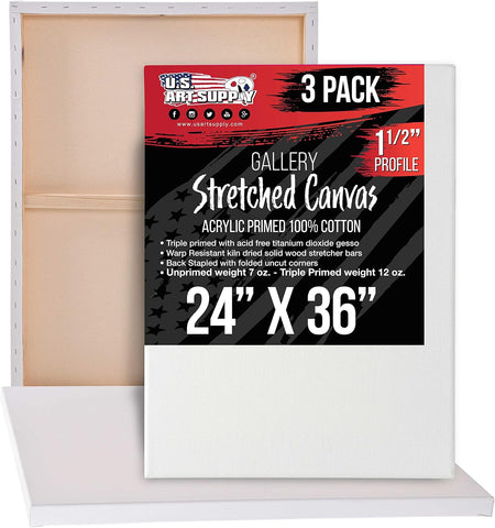 U.S. Art Supply 24"x36" Stretched Canvas for Painting, Gallery Depth 3-Pack