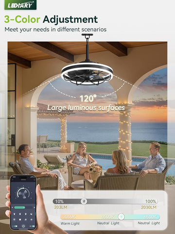 LEDIARY 20" Outdoor Ceiling Fans with Light, IP65 Waterproof Gazebo Fan