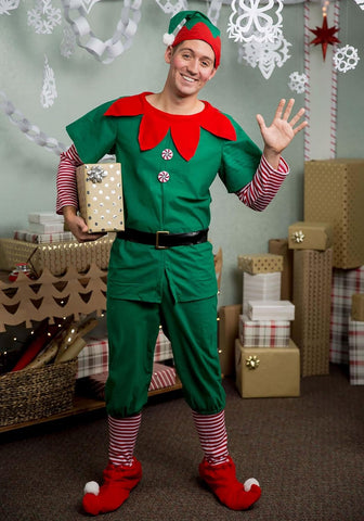 Adult Santas Elf Costume - Includes Shirt, Pants, Hat, Belt, Stockings & Booties - Christmas Holiday Outfit