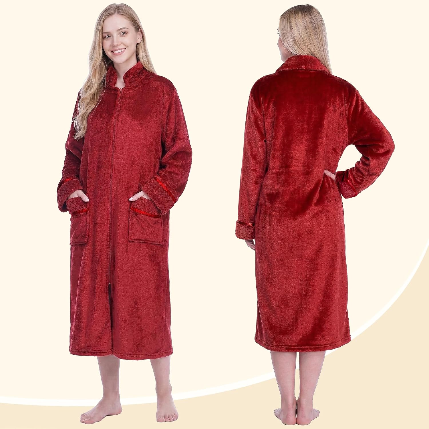 PAVILIA Womens Zip Up Robe with Pockets, Long Fleece Housecoat Bathrobe