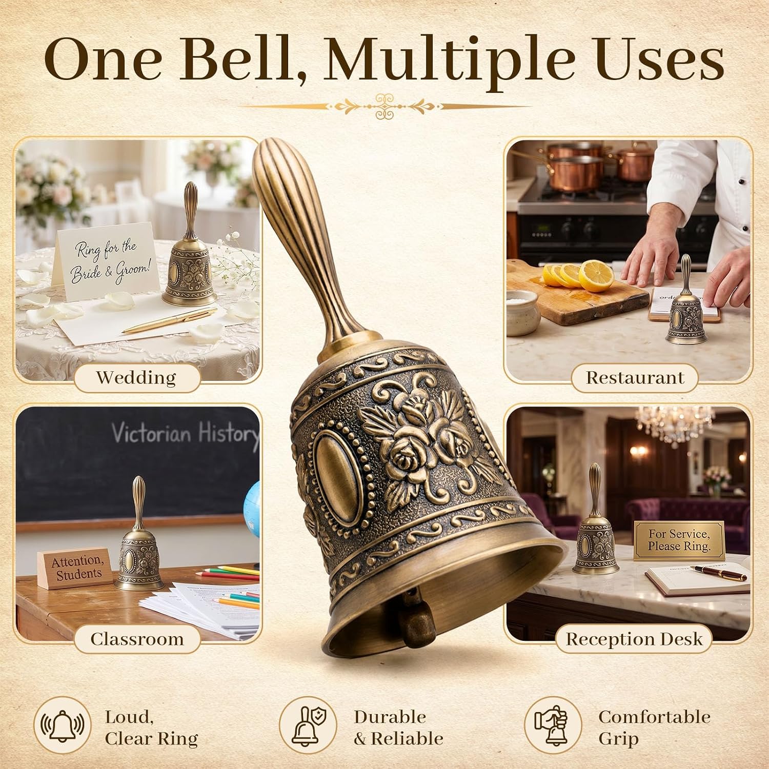 DomeStar Vintage Brass Hand Bell – Loud Call Bell for Bedside, Dinner, Wedding, Christmas & Holiday Party
