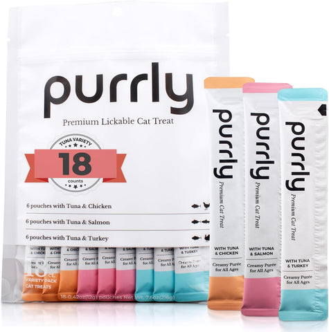 Purrly Cat Treat Snack Wet Lickable Low Calorie Healthy Grain-Free Tuna Variety Packs (18 Count) Squeezable Creamy Purée with Human-Grade Proteins and Functional Nutrients No-Artificial-Additives