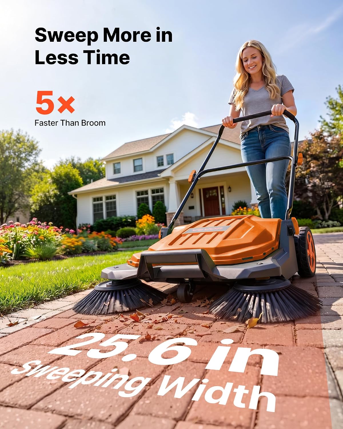 VEVOR Walk-Behind Hand Push Floor Sweeper, Manual Floor Sweeper Non-Electric with 25.6" Sweeping Width, 5 Gallons Waste Container & Adjustable Folding Handle for Yards Walkways Patios Garages - Orange