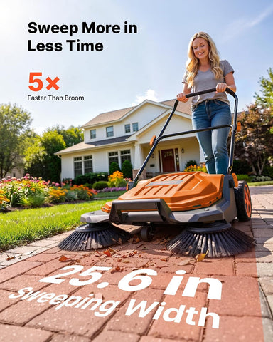 VEVOR Walk-Behind Hand Push Floor Sweeper, Manual Floor Sweeper Non-Electric with 25.6" Sweeping Width, 5 Gallons Waste Container & Adjustable Folding Handle for Yards Walkways Patios Garages - Orange