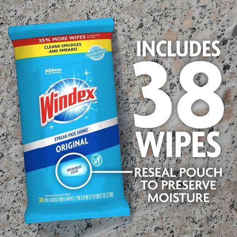 Windex Wipes Glass Cleaning, Pre-Moistened Glass and Surface Wipes to Clean Home Surfaces, Household Essentials, Original Scent, 38 Count (Pack of 6)