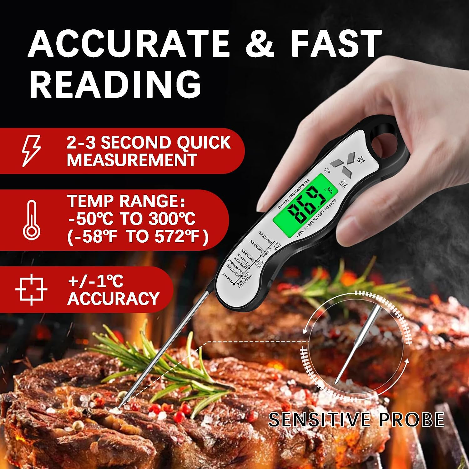 Cooking Thermometer，IP67 Waterproof Meat Thermometer Digital