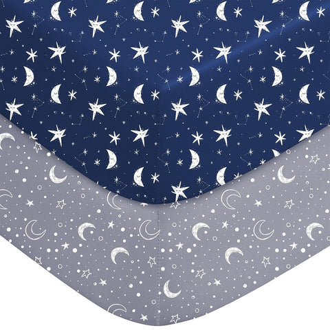 2-pk Crib Sheets for Boys Girls Neutral 52x28 (Blue Grey+Star)