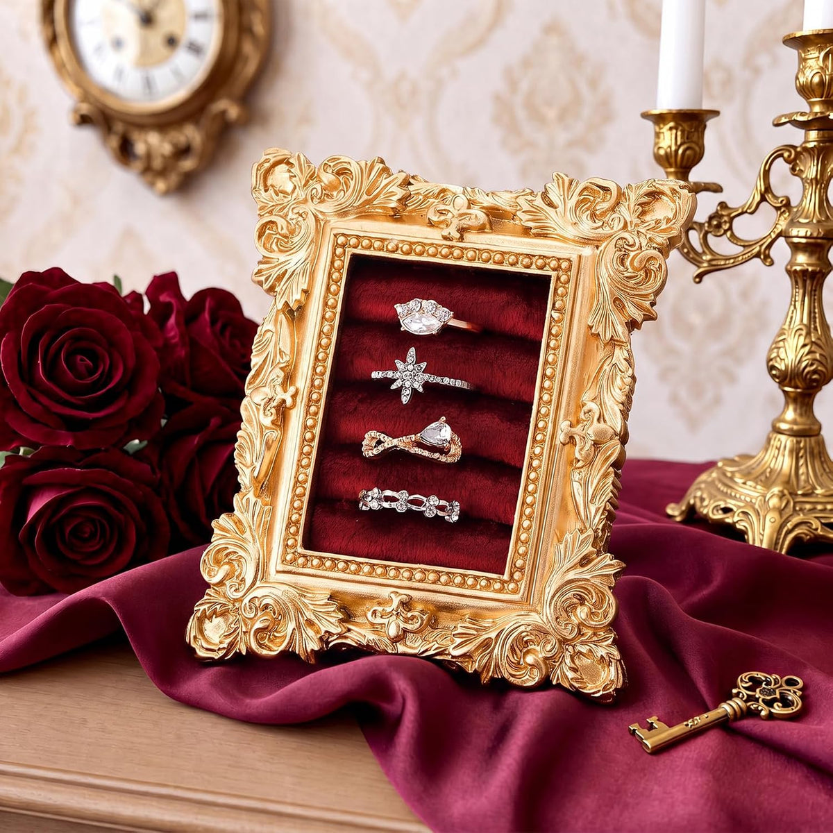 Liliaafar Vintage Ring Holder Dark Red Mat Rectangle Ring Wedding Display