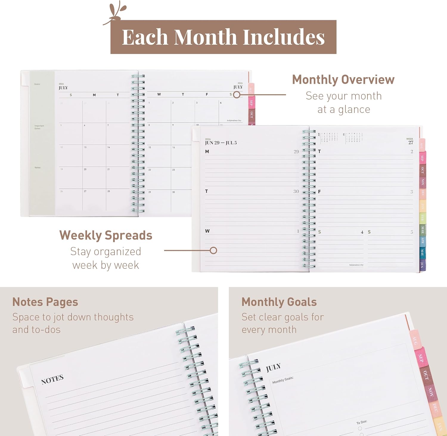Rileys Academic Planner 2026-2027, Daily, Weekly & Monthly Planner, July 2026 - June 2027, Student Notes Pages, Twin-Wire Binding, Weekly Agenda for School & Work (8 x 6-Inches, Classic, Green)