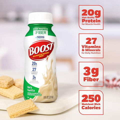BOOST High Protein with Fiber Ready to Drink Complete Nutritional Drink, Very Vanilla, 8 fl oz Bottle, 24 Pack