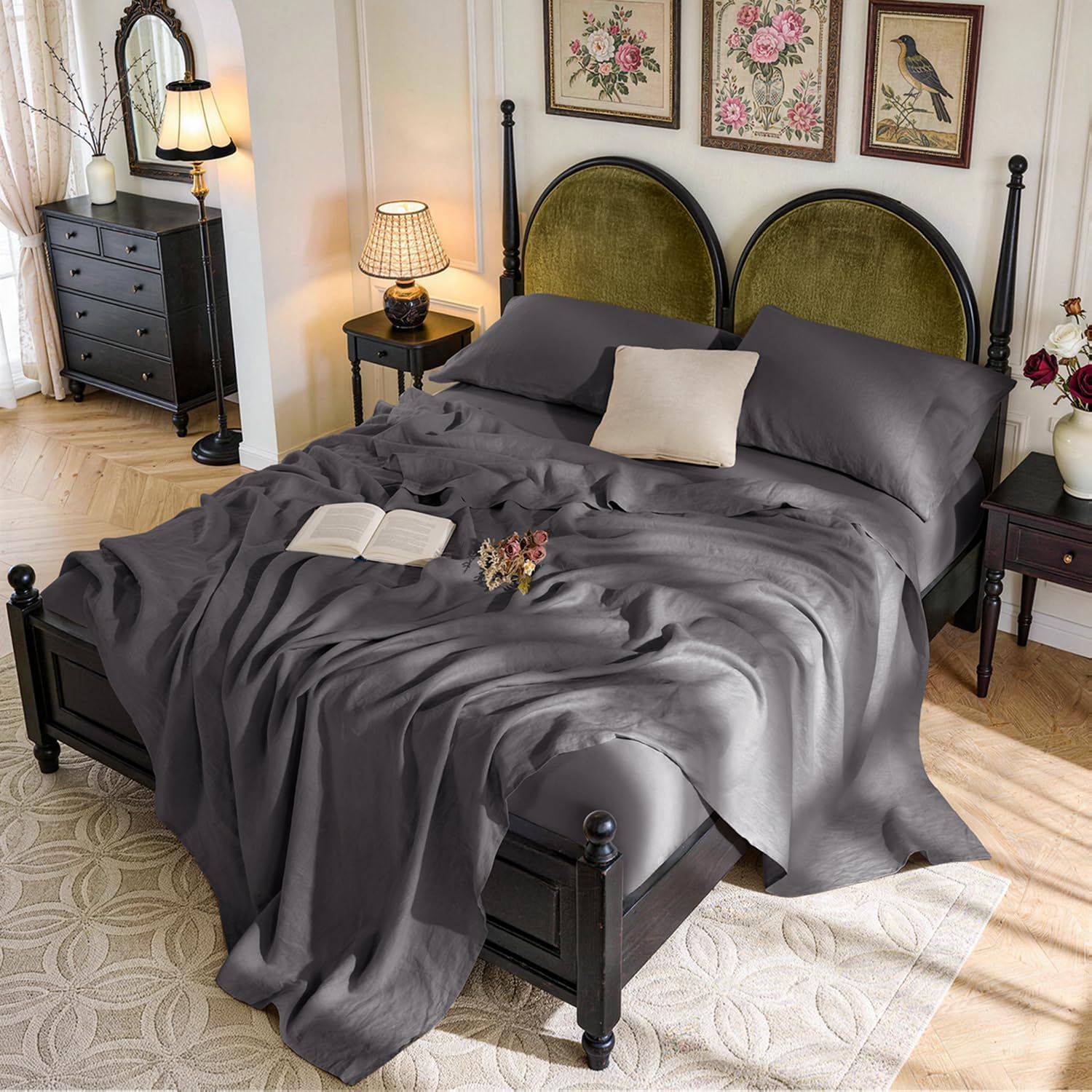 SONORO KATE 100% French Linen Twin Size Sheets Set,Natural Flax Bedding
