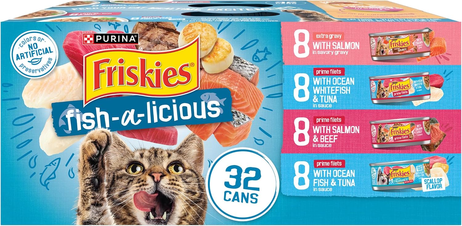 Purina Friskies Wet Cat Food Variety Pack Fish-A-Licious Extra Gravy, Prime Filets and Tasty Treasures - (Pack of 32) 5.5 oz. Cans