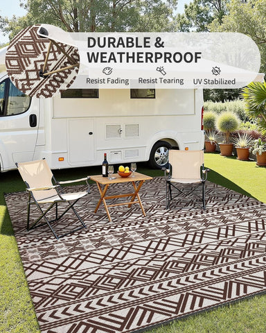 MontVoo Outdoor Rug Carpet Waterproof 5x8 Outdoor Patio Rug Mat Reverisble Plastic Straw Outdoor Rug for RV Camping Picnic Beach Balcony Boho Beige Brown