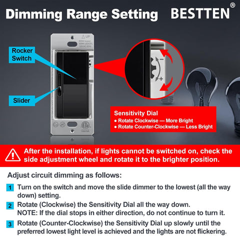 3PK BESTTEN Slide Dimmer Light Switch, Single Pole or 3 Way Dimmable Switch