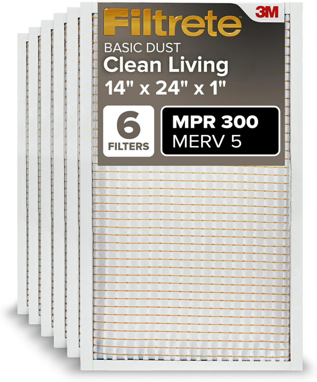 Filtrete 14x24x1 Air Filter MERV 5, 6-Pack AC Furnace HVAC, MPR 300 Basic Dust Defense, Removes Lint, 3-Month Pleated Electrostatic