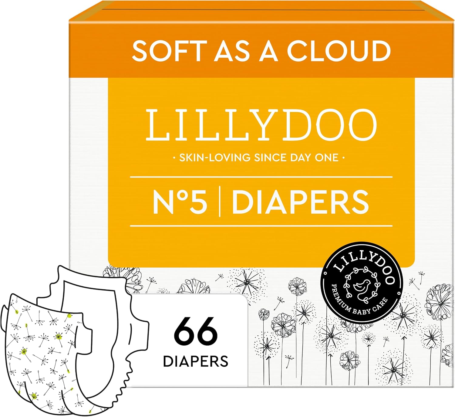 LILLYDOO Baby Diapers, Size 5 (24+ lbs), 66 Count, Hypoallergenic & TCF