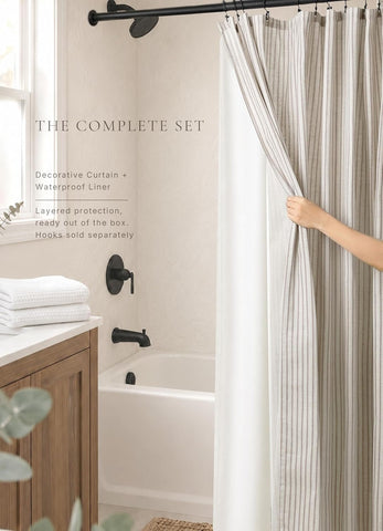Farmhouse Striped Shower Curtain - 72x72 Inches, Linen Blend Fabric, Breathable & Machine Washable, Rustic Taupe for Bathroom Decor (Hooks/Liner Not Included)