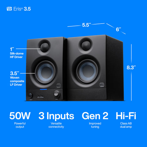 PreSonus Eris 3.5 Studio Monitors, Pair — Powered, Active Monitor Speakers for Near Field Music Production, Desktop Computer, Hi-Fi Audio