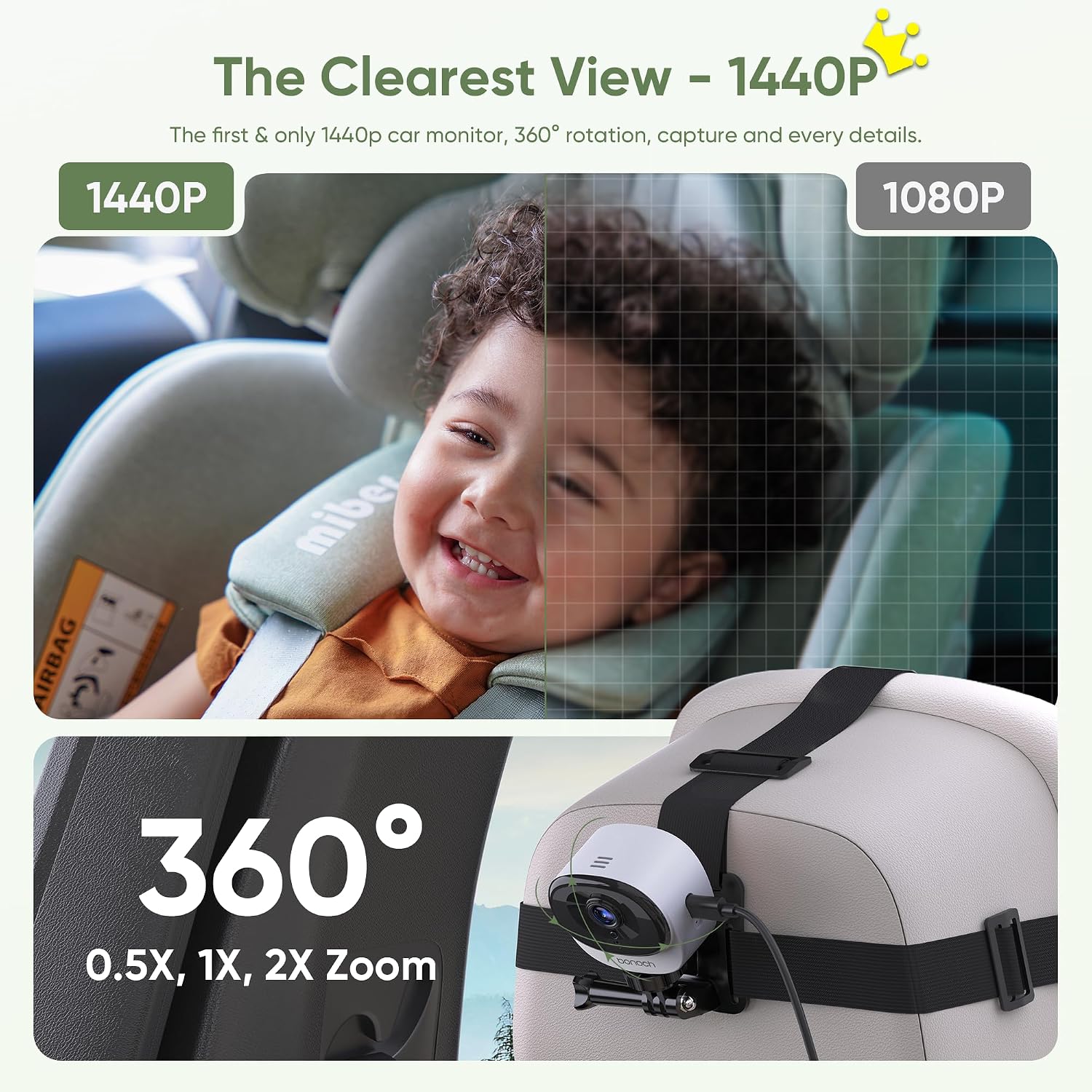 bonoch 5" 1440P Baby Car Camera, Clearest Monitor, 360° Rotating Wide View