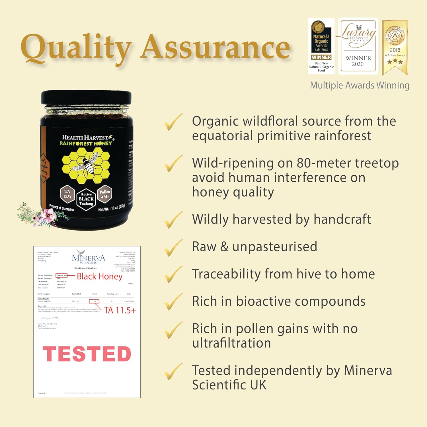 Tualang Black Honey 10oz (TA 11.5+, Pollen Count 4.0M+, Pollen Variety 100+) Intense Choice for Women Preservation, Wild-ripening on 250ft Treetop, Raw, Unpasteurised, Unfiltered