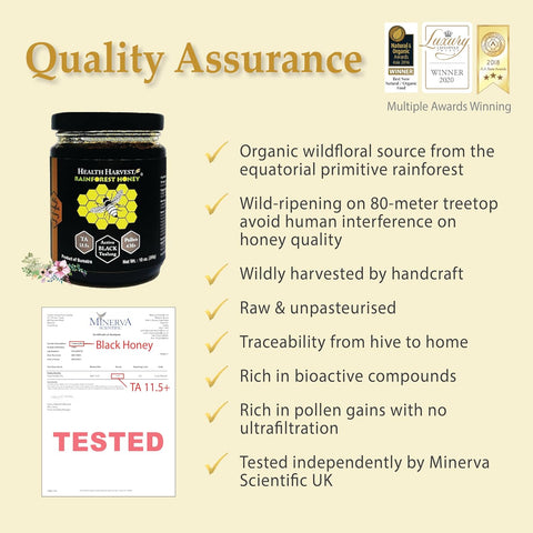 Tualang Black Honey 10oz (TA 11.5+, Pollen Count 4.0M+, Pollen Variety 100+) Intense Choice for Women Preservation, Wild-ripening on 250ft Treetop, Raw, Unpasteurised, Unfiltered