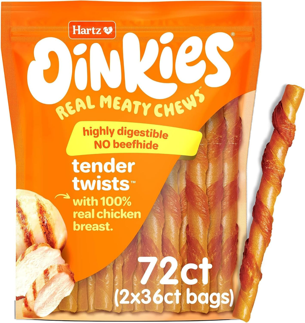 Hartz Oinkies Tender Twists with Real Chicken Breast Rawhide-Free Dog Treats, Highly Digestible Dog Chews, 72 Count (Pack of 6)