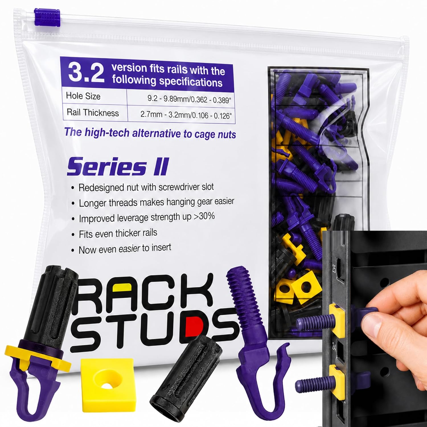 Rackstuds P100 Series II - Server Rack Screws 100-Pack | Cage Nut Replacement Purple 3.2mm/0.126" | A Faster, Easier Solution for Rack mounting Gear in 19" Racks with Square Punched Vertical Rails