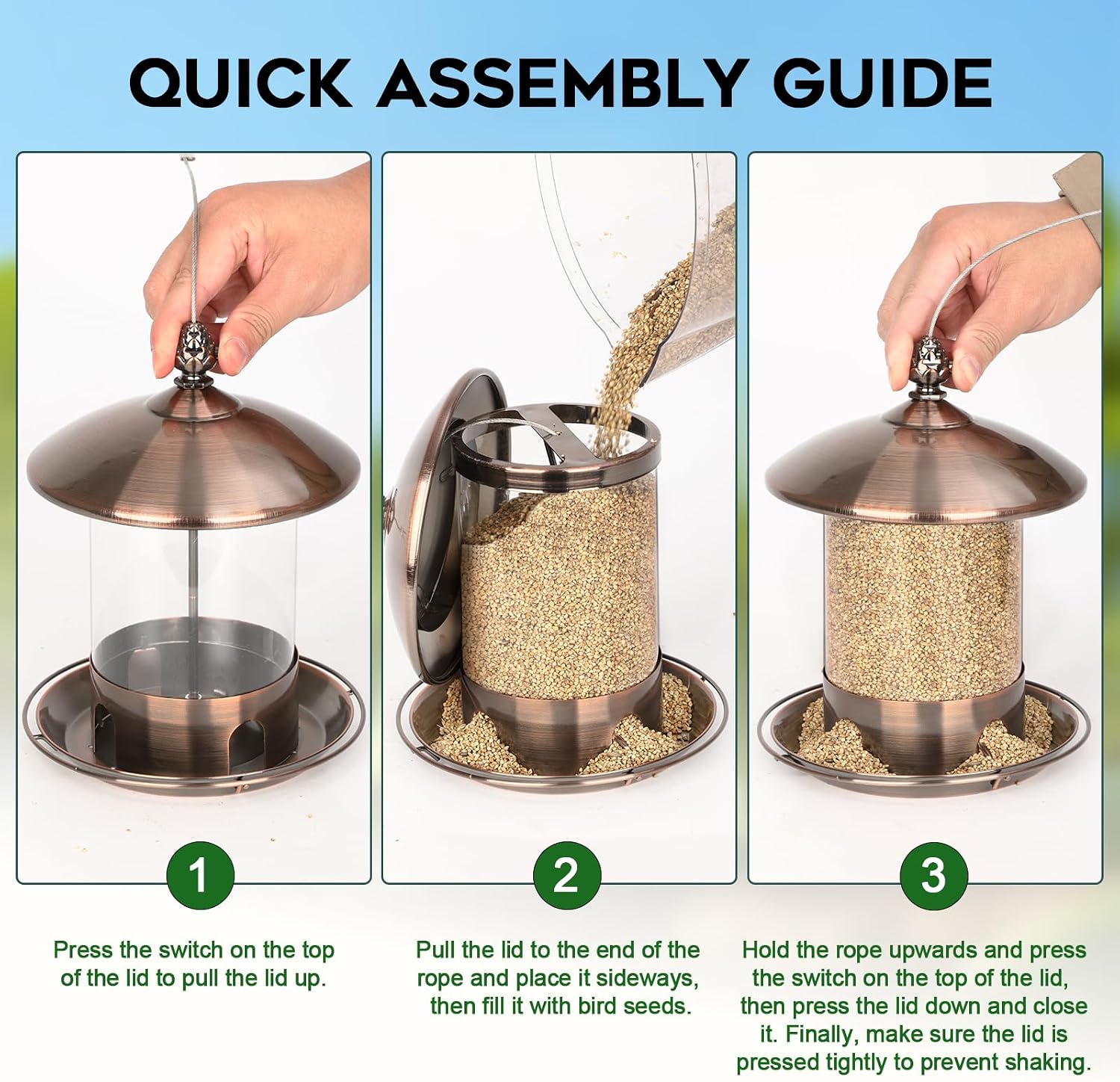 Gbekery Metal Bird Feeders for Outdoors Hanging, 360° Feeding Tray, Copper